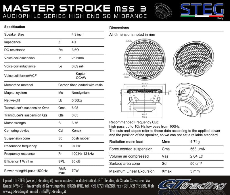 STEG Master Stroke MSS3 - 4.3" 70W RMS Premium Midrange Speaker | Pair